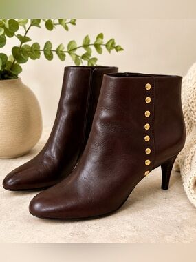 Coach Hickory Brown Leather Studded Ankle Boots Booties Size 8.5B Gold Hardware
